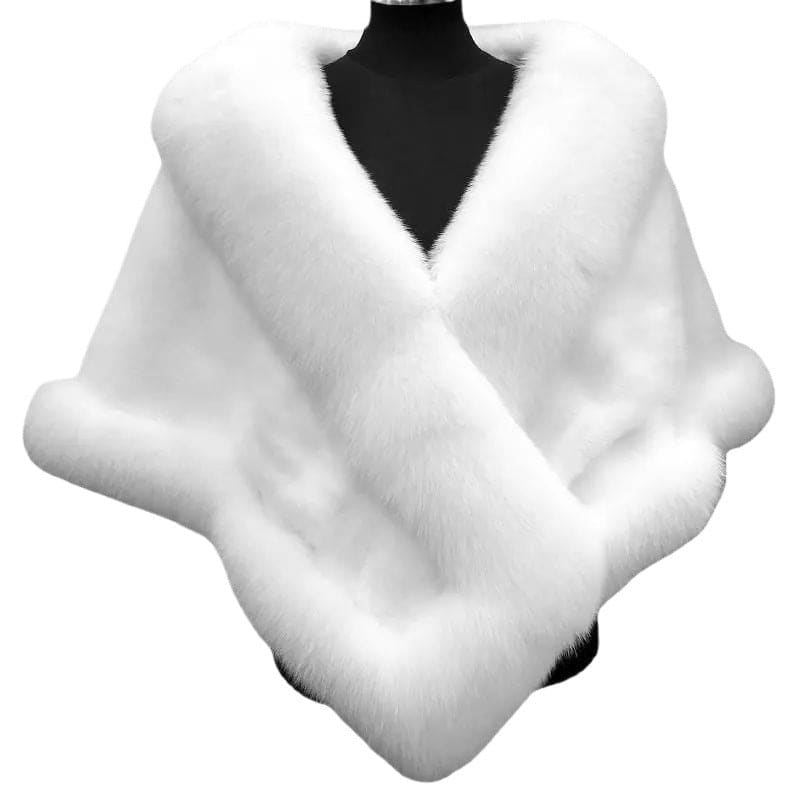 White fur wrap or stole with a V-shaped neckline.