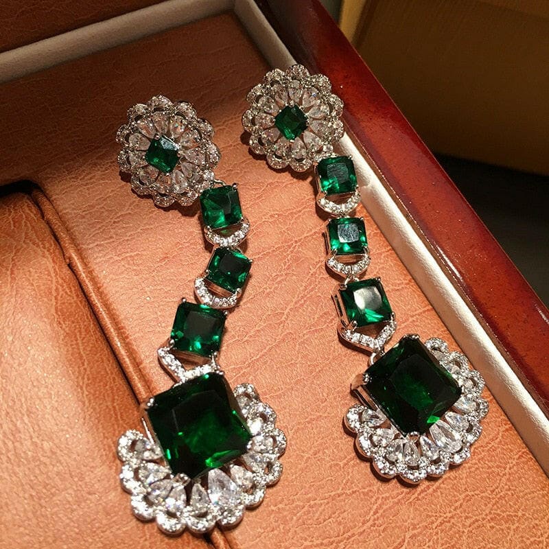 Luxurious Green Square Earrings with Cubic Zirconia