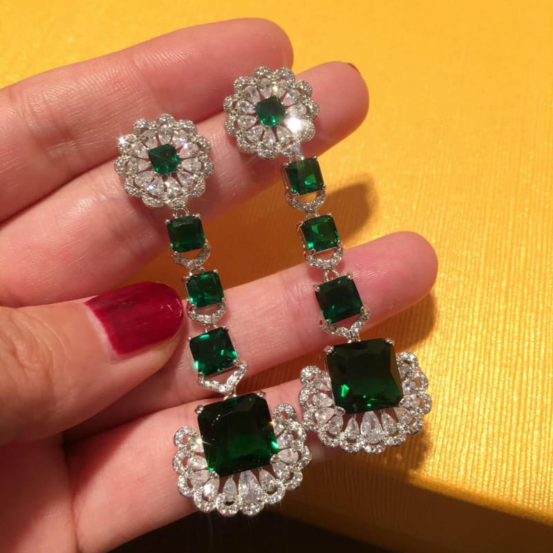 Luxurious Green Square Earrings with Cubic Zirconia