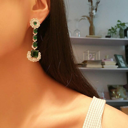 Luxurious Green Square Earrings with Cubic Zirconia