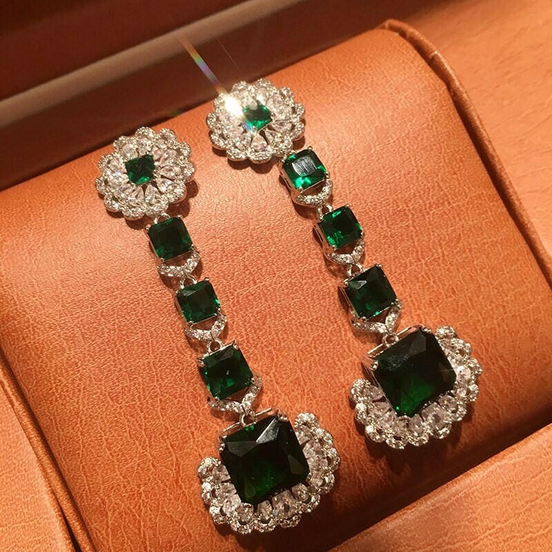 Luxurious Green Square Earrings with Cubic Zirconia