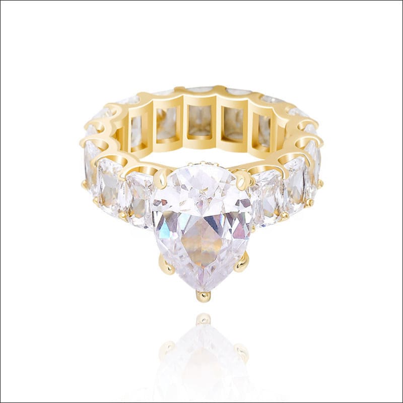 Luxury Iced Bling Water Drop Pinky Baguette Ring Golden