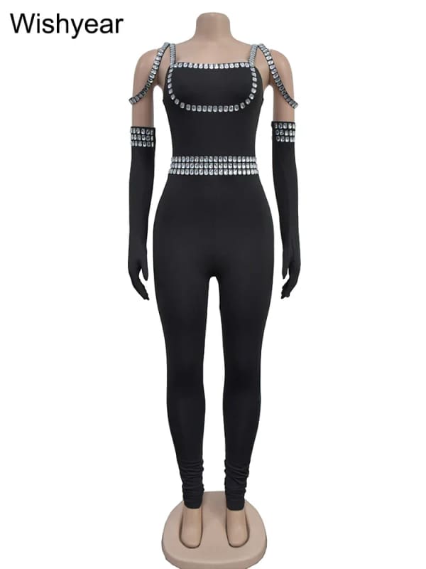 Luxuriöser Jumpsuit mit Handschuhen Sexy Backless Strass