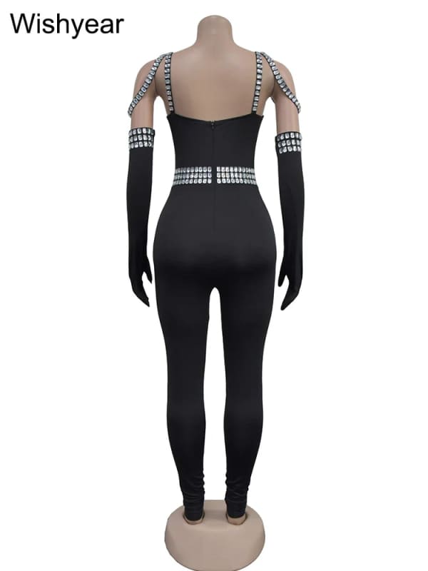 Luxuriöser Jumpsuit mit Handschuhen Sexy Backless Strass