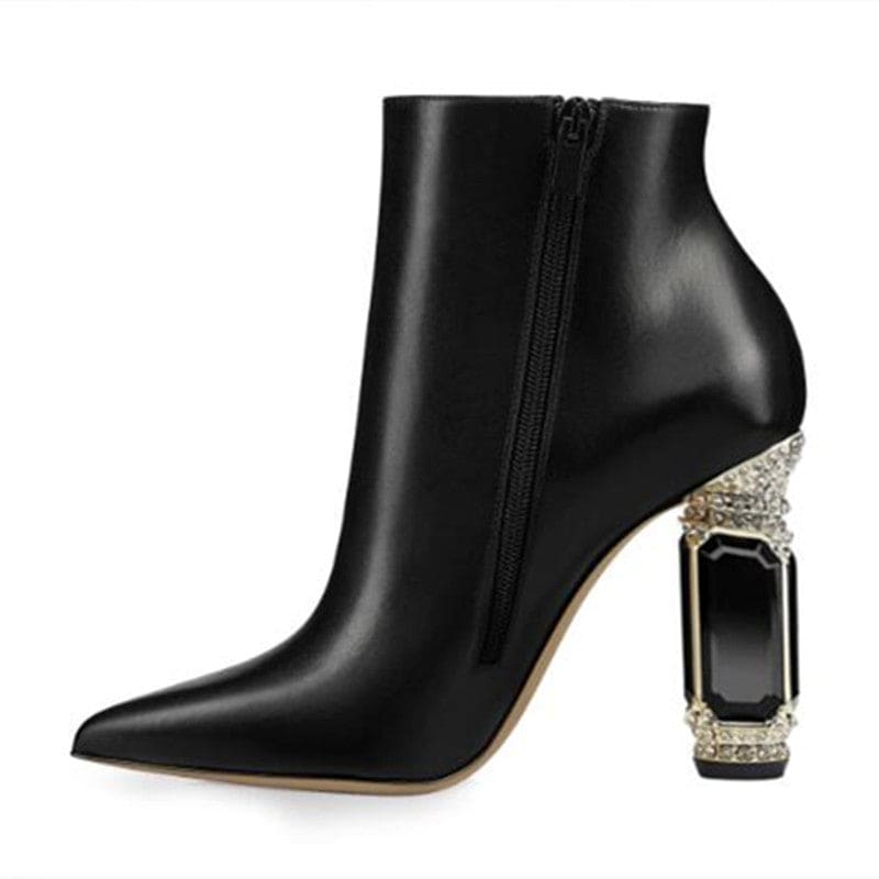 Luxury Rhinestone Gemstone Heel Womens Side Zip Short Boots - Pleasures and Sins   Pleasures and Sins