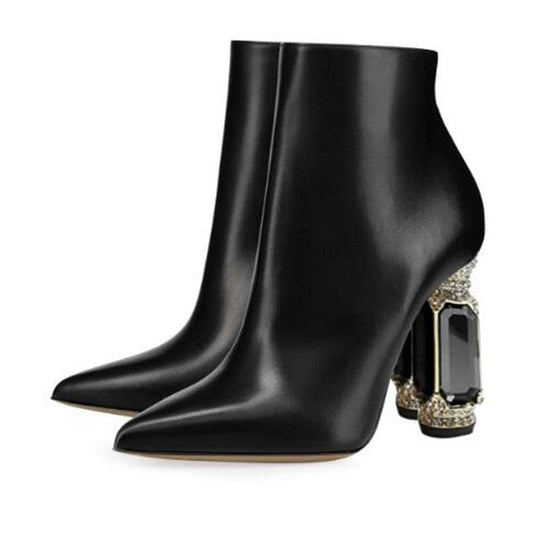Luxury Rhinestone Gemstone Heel Womens Side Zip Short Boots