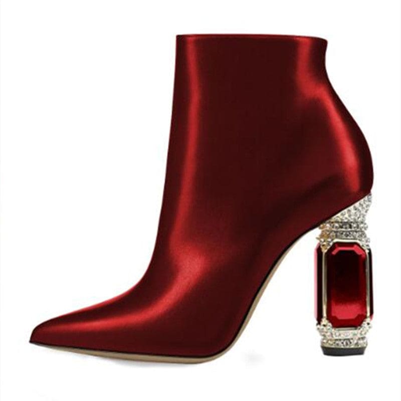 Luxury Rhinestone Gemstone Heel Womens Side Zip Short Boots - Pleasures and Sins   Pleasures and Sins