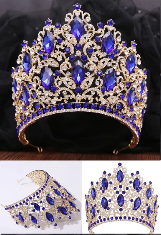 Luxury Royal Crown Tiara featuring ornate gold design with sapphires and crystals.