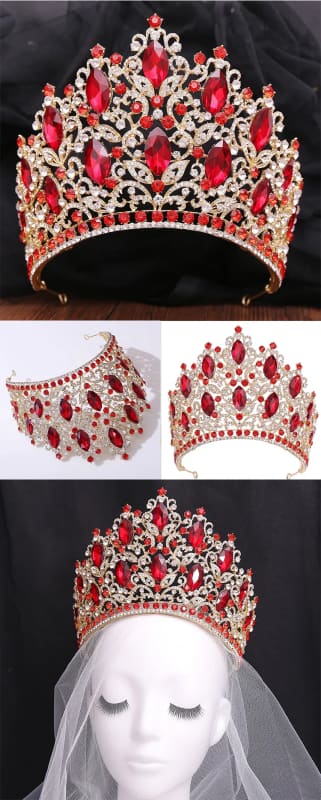 Ornate Luxury Royal Crown with Crystals and Filigree Designs in gold and red.