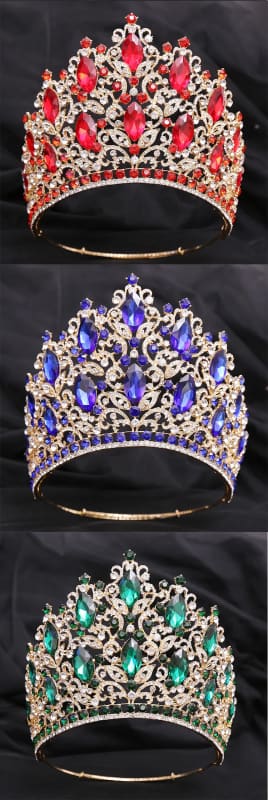 Three luxury royal crowns with red, blue, green gems and stunning golden designs.