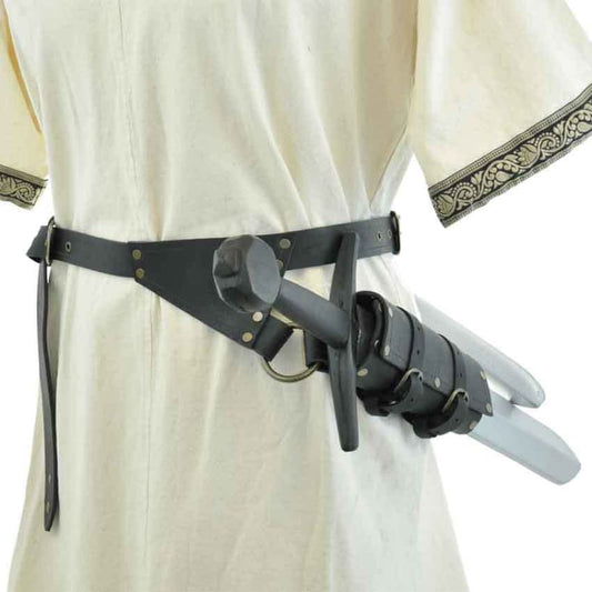 Medieval-style leather sword belt with scabbard attached.