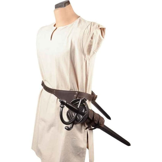 Cream-colored tunic with a brown leather belt and sword attached.