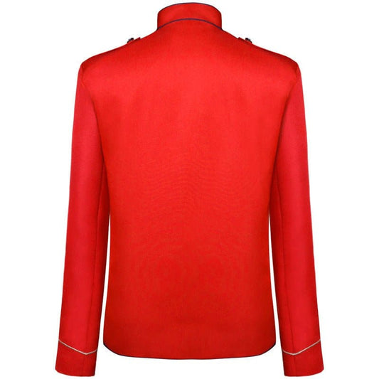 Bright red military-style jacket with gold trim and epaulettes.