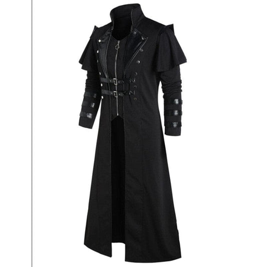 Long black gothic-style coat with multiple zippers, buckles, and layered shoulder details.