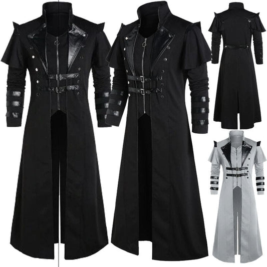 Gothic-style long coats with leather accents and buckle details.