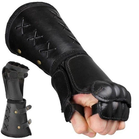 Black leather gauntlet with protective knuckle padding and lace-up design.