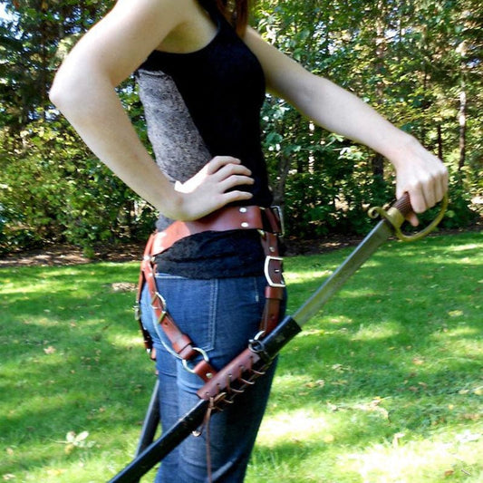 Leather sword belt or scabbard worn around the hips.