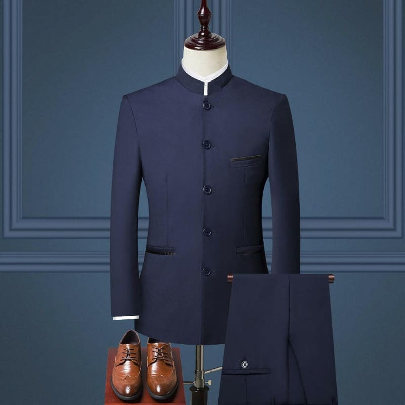 Nehru Collar Slim Fit Suit with Jacket Pants Vest Navy / M