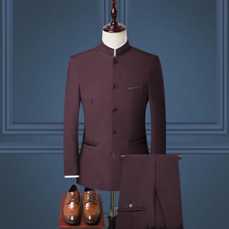 Nehru Collar Slim Fit Suit with Jacket Pants Vest Wine Red