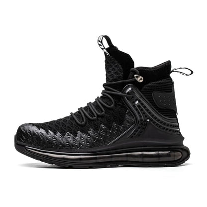 High-top athletic sneaker with a textured black design and lace-up closure.