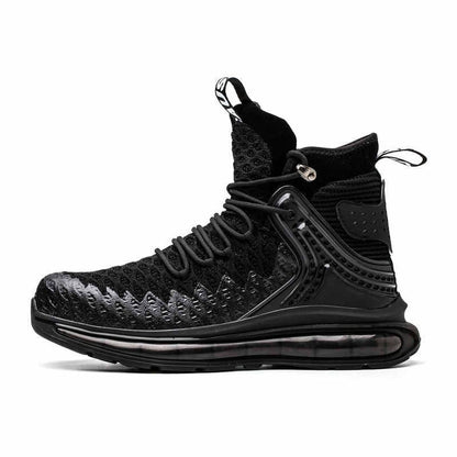 Black high-top athletic sneaker with a textured upper and thick sole.