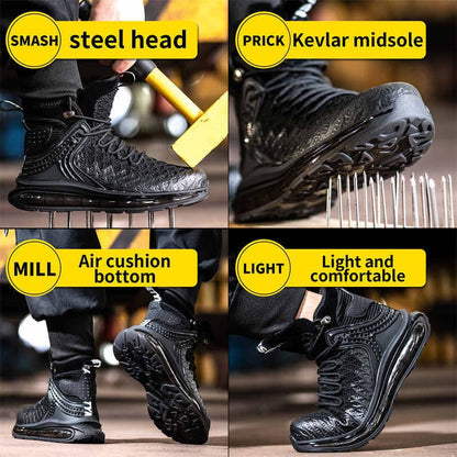 Safety work shoe with multiple protective features highlighted in different panels.