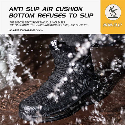 Black athletic shoe with anti-slip sole splashing through water.