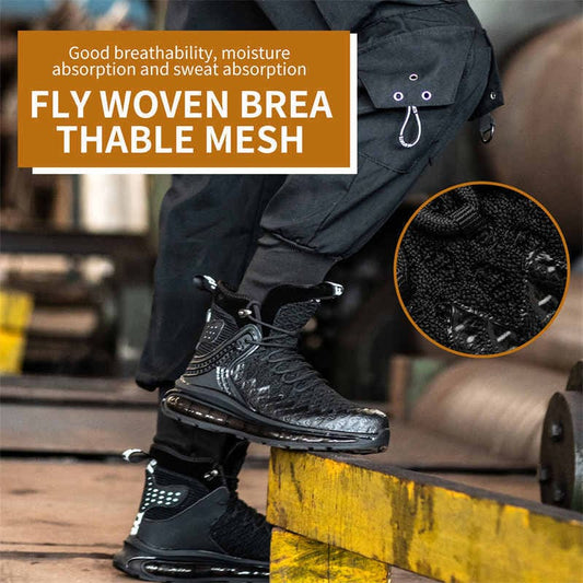 Black athletic shoe with a breathable mesh upper and rugged sole design.