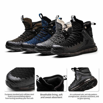 Collection of high-top athletic sneakers in dark colors with textured uppers and thick soles.