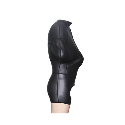 Black leather-look shapewear bodysuit with high-cut leg openings.