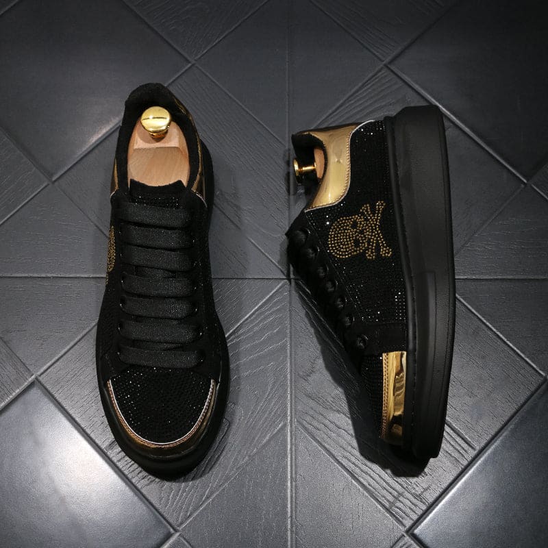 Mens Black Casual Shoes With Gold Rhinestone Skull Design