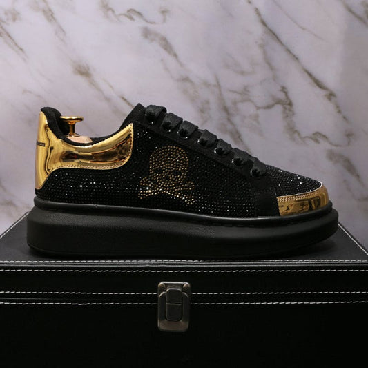 Mens Black Casual Shoes with Gold Rhinestone Skull Design