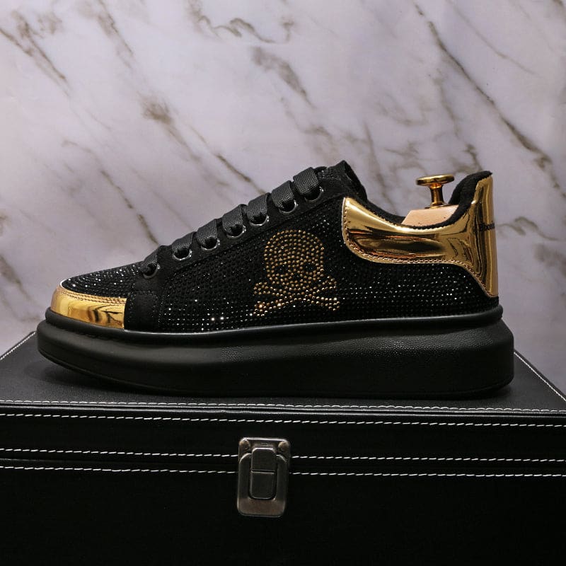 Mens Black Casual Shoes with Gold Rhinestone Skull Design