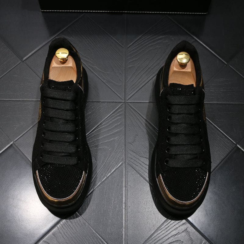 Mens Black Casual Shoes with Gold Rhinestone Skull Design