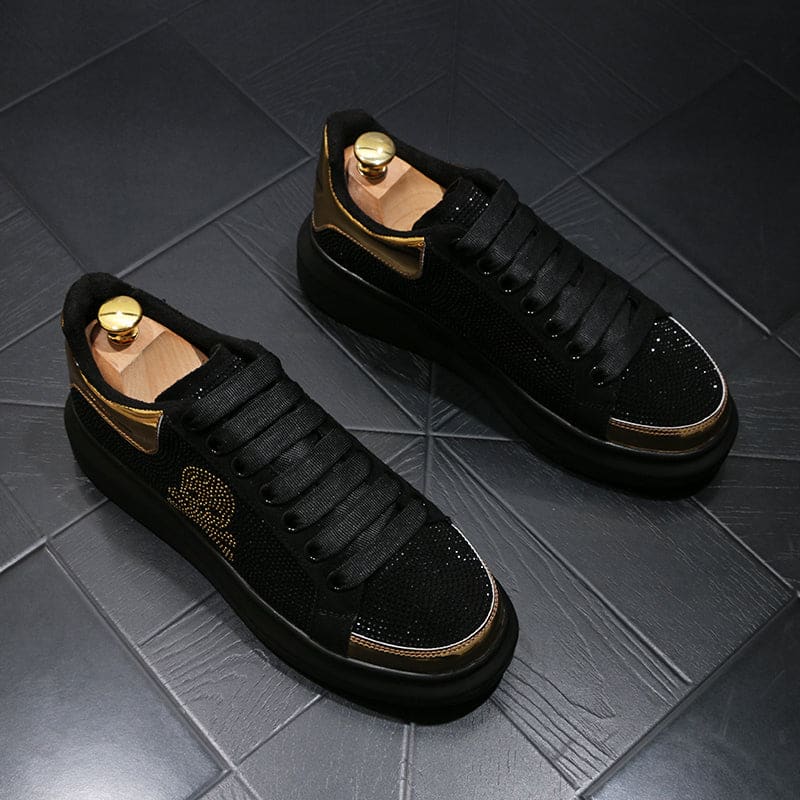 Mens Black Casual Shoes with Gold Rhinestone Skull Design