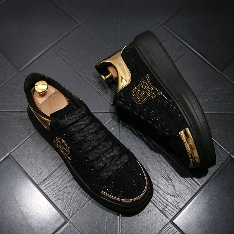 Mens Black Casual Shoes with Gold Rhinestone Skull Design