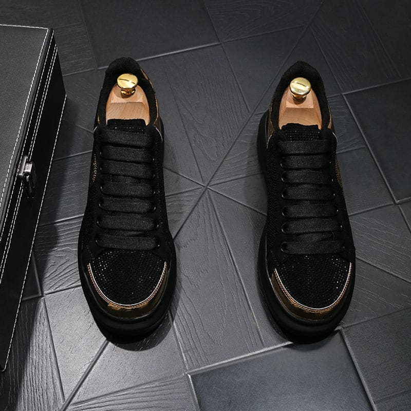 Mens Black Casual Shoes with Gold Rhinestone Skull Design