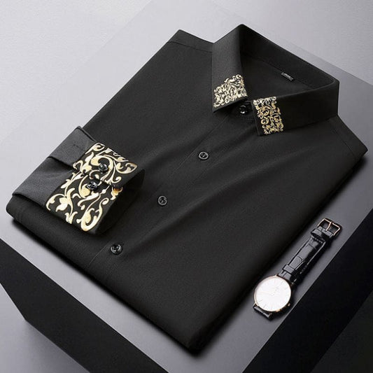 Black dress shirt with ornate gold-patterned collar and cuffs.