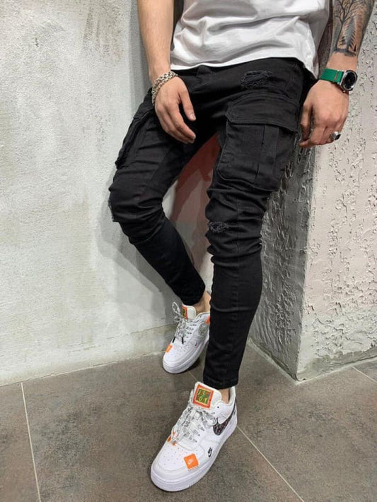 Men’s Black Skinny Multi Pocket Ripped Cargo Jeans Black / S