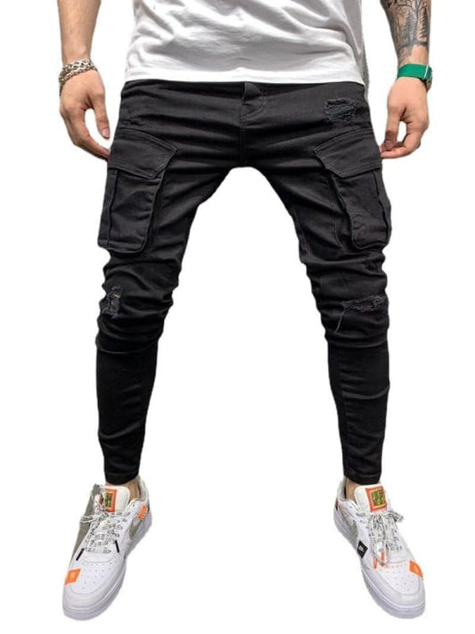 Black cargo pants with multiple pockets and tapered legs.