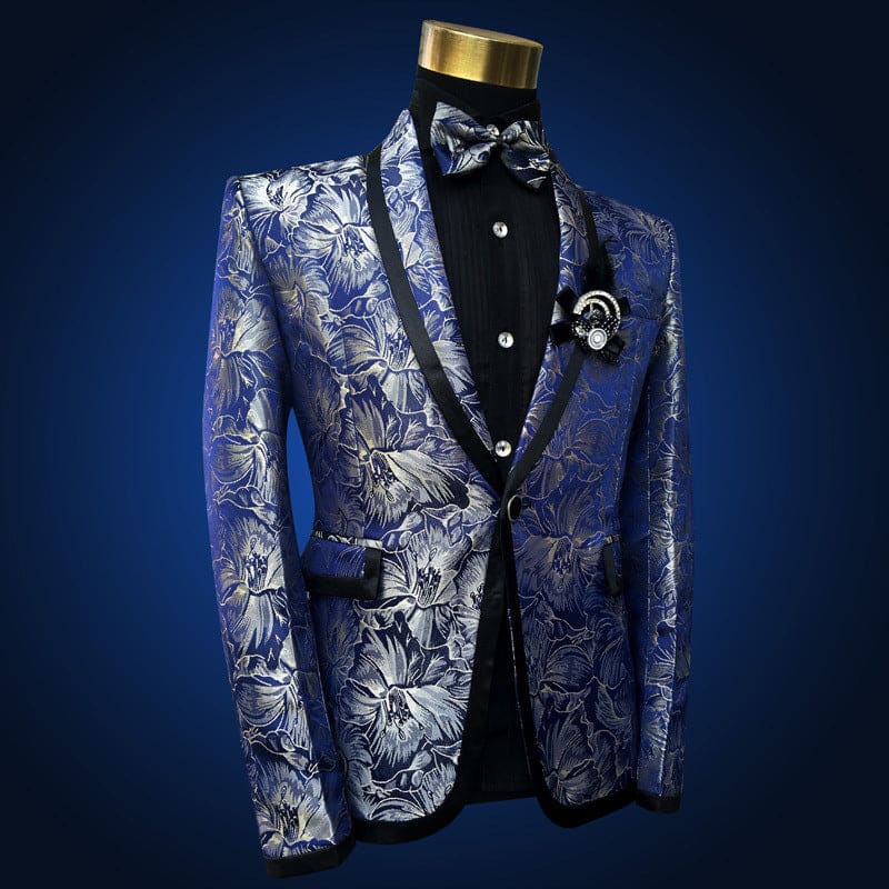 Men’s Blue Floral Wedding Prom Suit with Bow Tie