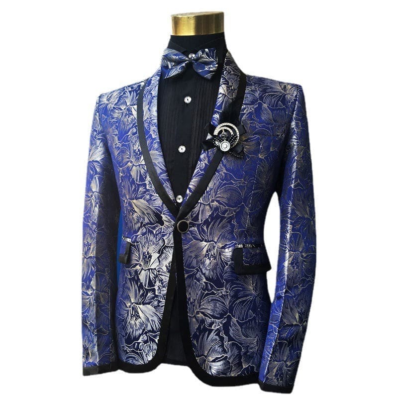 Men’s Blue Floral Wedding Prom Suit with Bow Tie