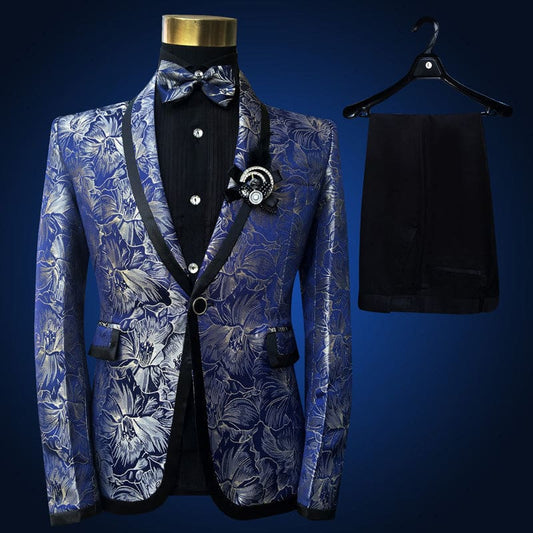 Men’s Blue Floral Wedding Prom Suit with Bow Tie