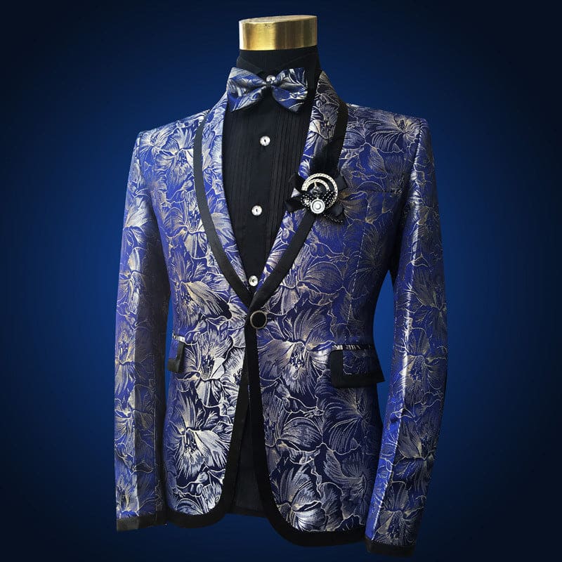 Men’s Blue Floral Wedding Prom Suit with Bow Tie