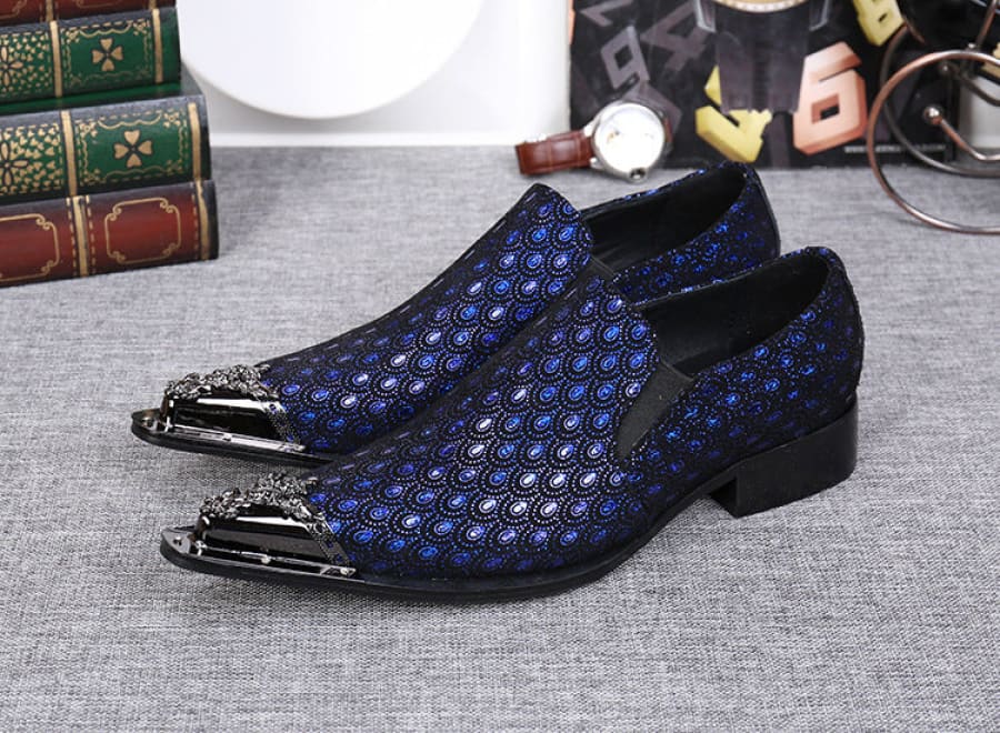 Mens Blue Leather Peacock Patterned Shoes with Metal Toe