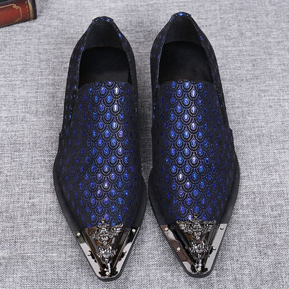 Mens Blue Leather Peacock Patterned Shoes with Metal Toe Cap