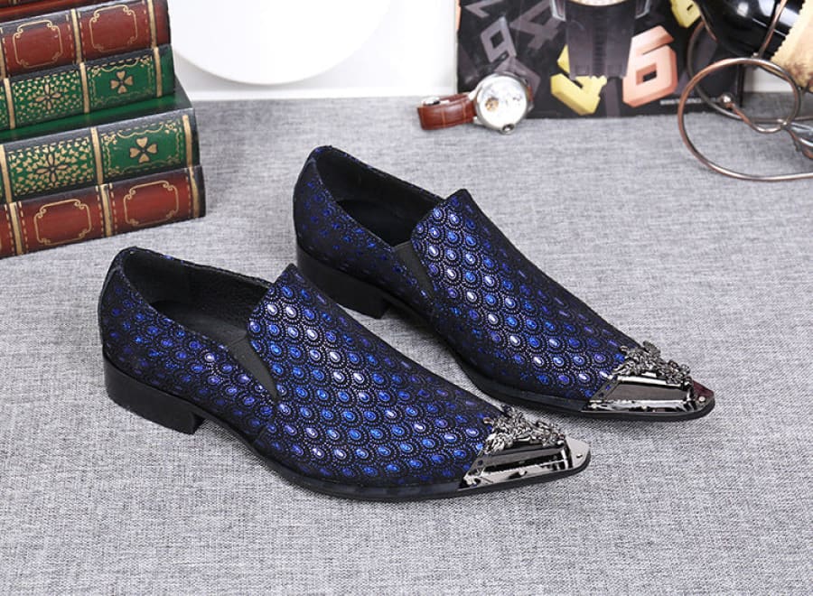 Mens Blue Leather Peacock Patterned Shoes with Metal Toe Cap