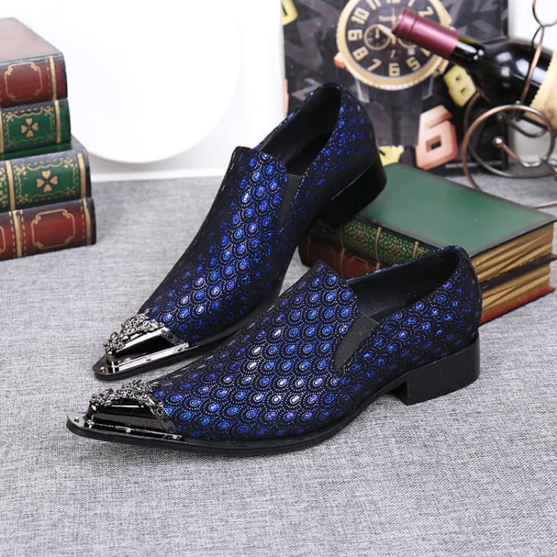 Mens Blue Leather Peacock Patterned Shoes with Metal Toe Cap