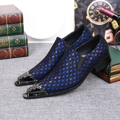 Mens Blue Leather Peacock Patterned Shoes with Metal Toe Cap