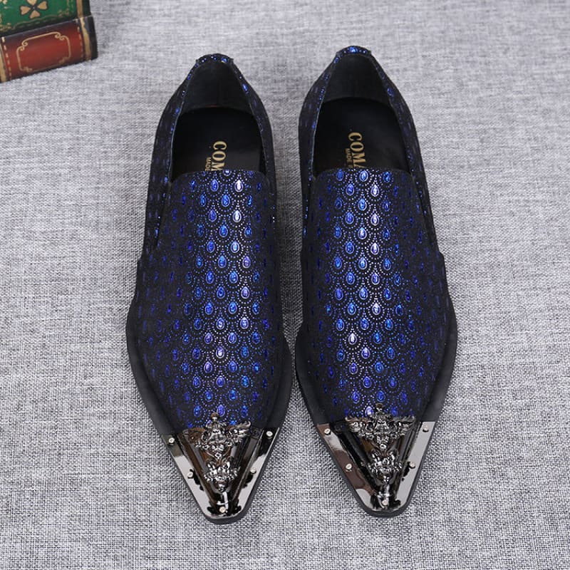 Mens Blue Leather Peacock Patterned Shoes with Metal Toe Cap